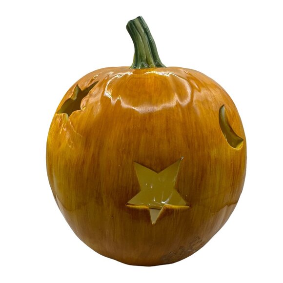 Ceramic Pumpkin Jack-O-Lantern Candle Holder Halloween Decor - Picture 3 of 5